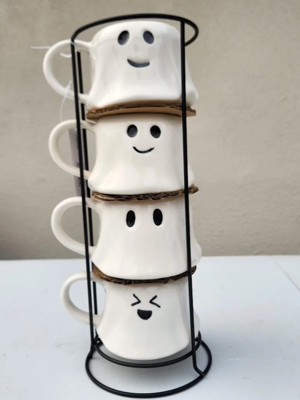 NEW Ceramic Ghost Mugs Mug Set of 4 Stacking Stackable White Stoneware Can hold